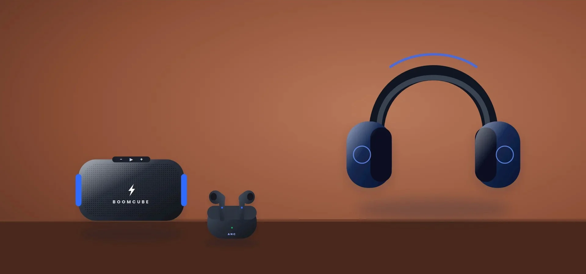 Over-ear headphones, a portable speaker and wireless earbuds
