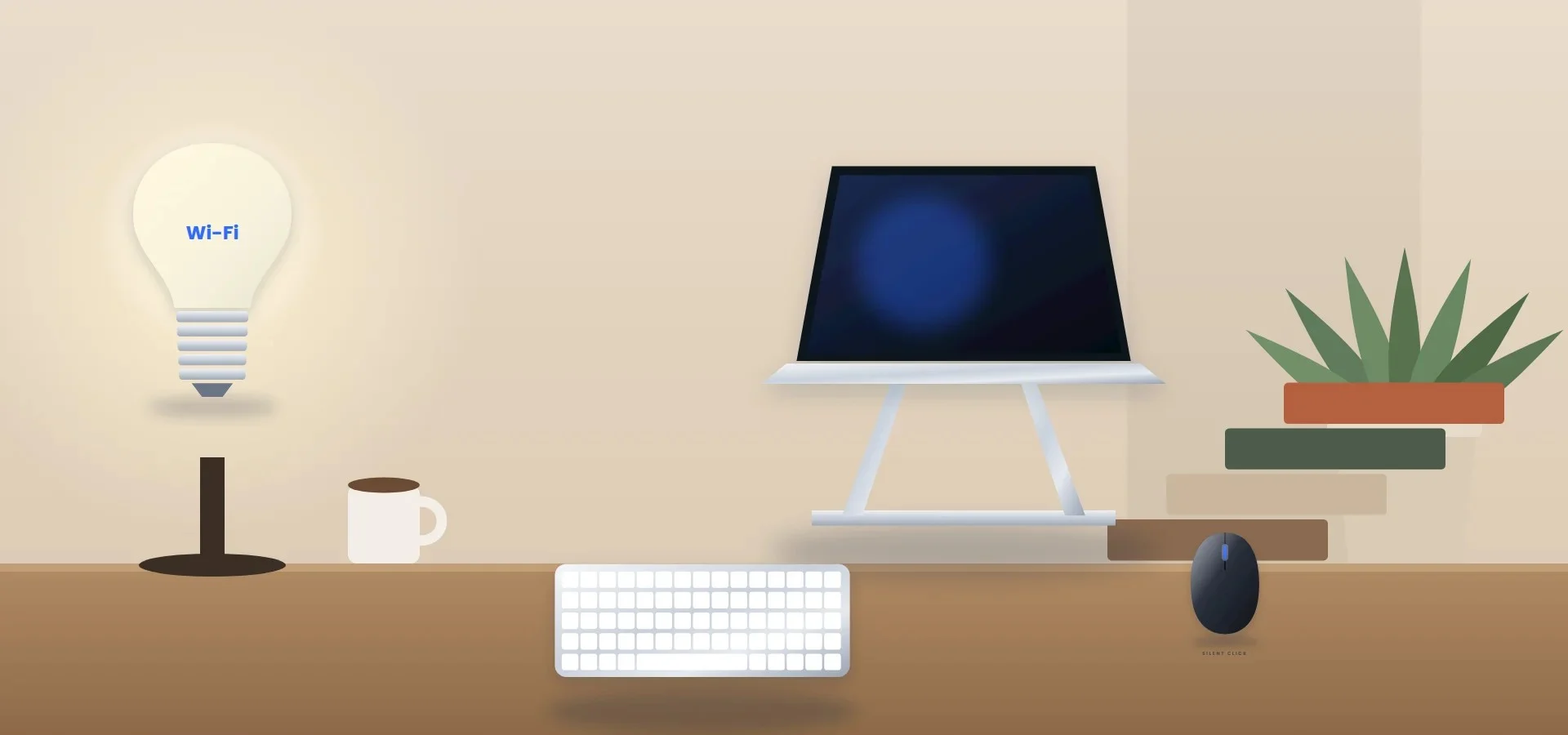 A tidy home-office desk with a laptop stand, wireless keyboard, mouse and smart lamp